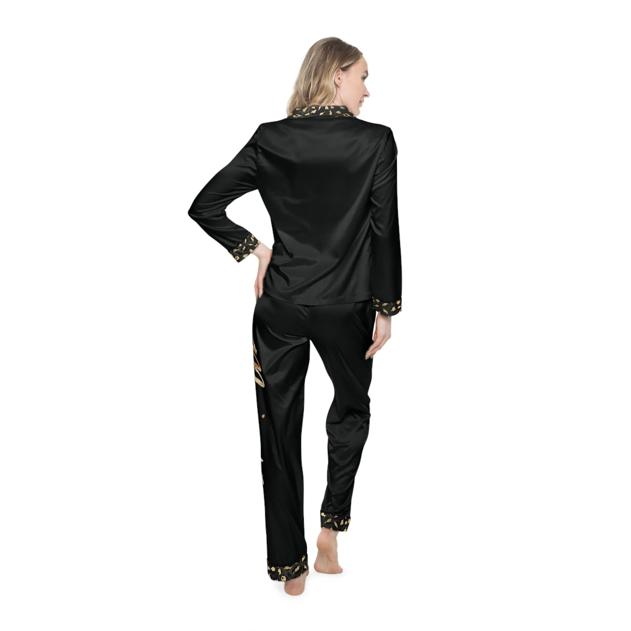 Elegant Women's Satin Pajamas Set - Black and Gold Leopard Print Majestic Graphic