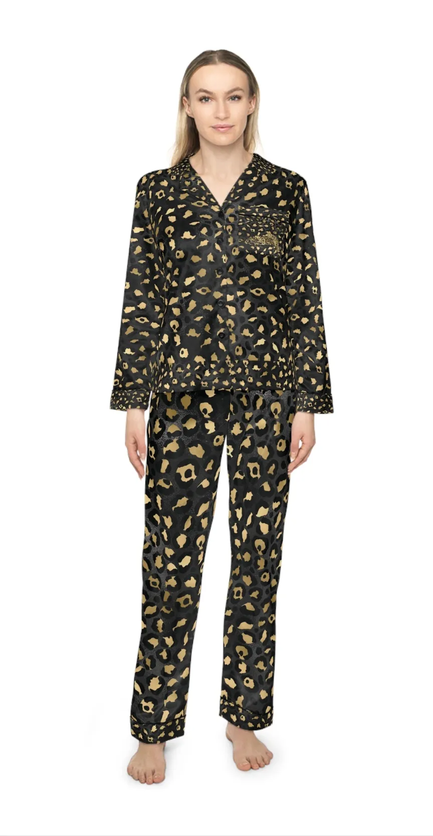 Elegant Women's Satin Pajamas Set - Black and Gold Leopard Print