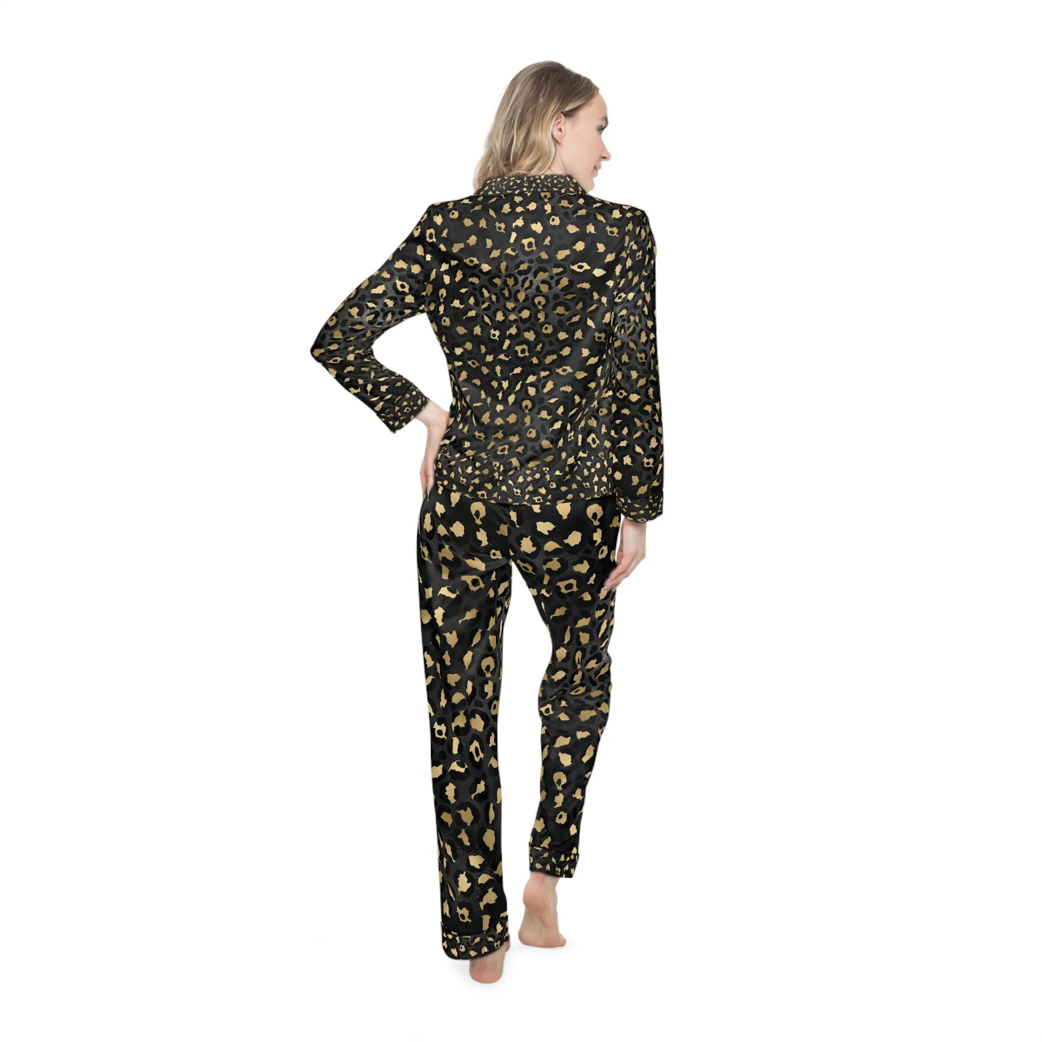 Elegant Women's Satin Pajamas Set - Black and Gold Leopard Print