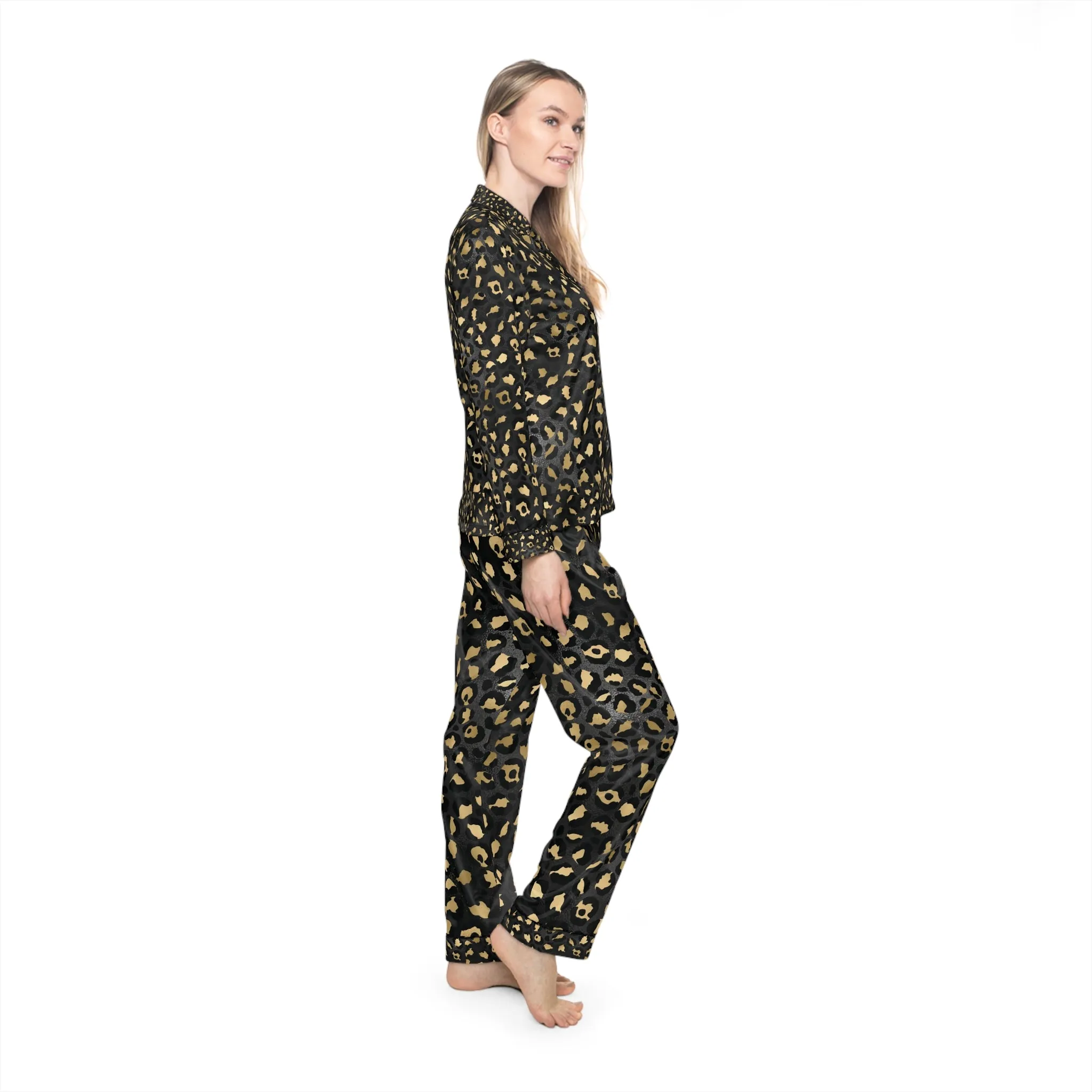Elegant Women's Satin Pajamas Set - Black and Gold Leopard Print