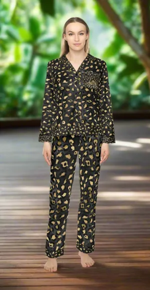 Elegant Women's Satin Pajamas Set - Black and Gold Leopard Print