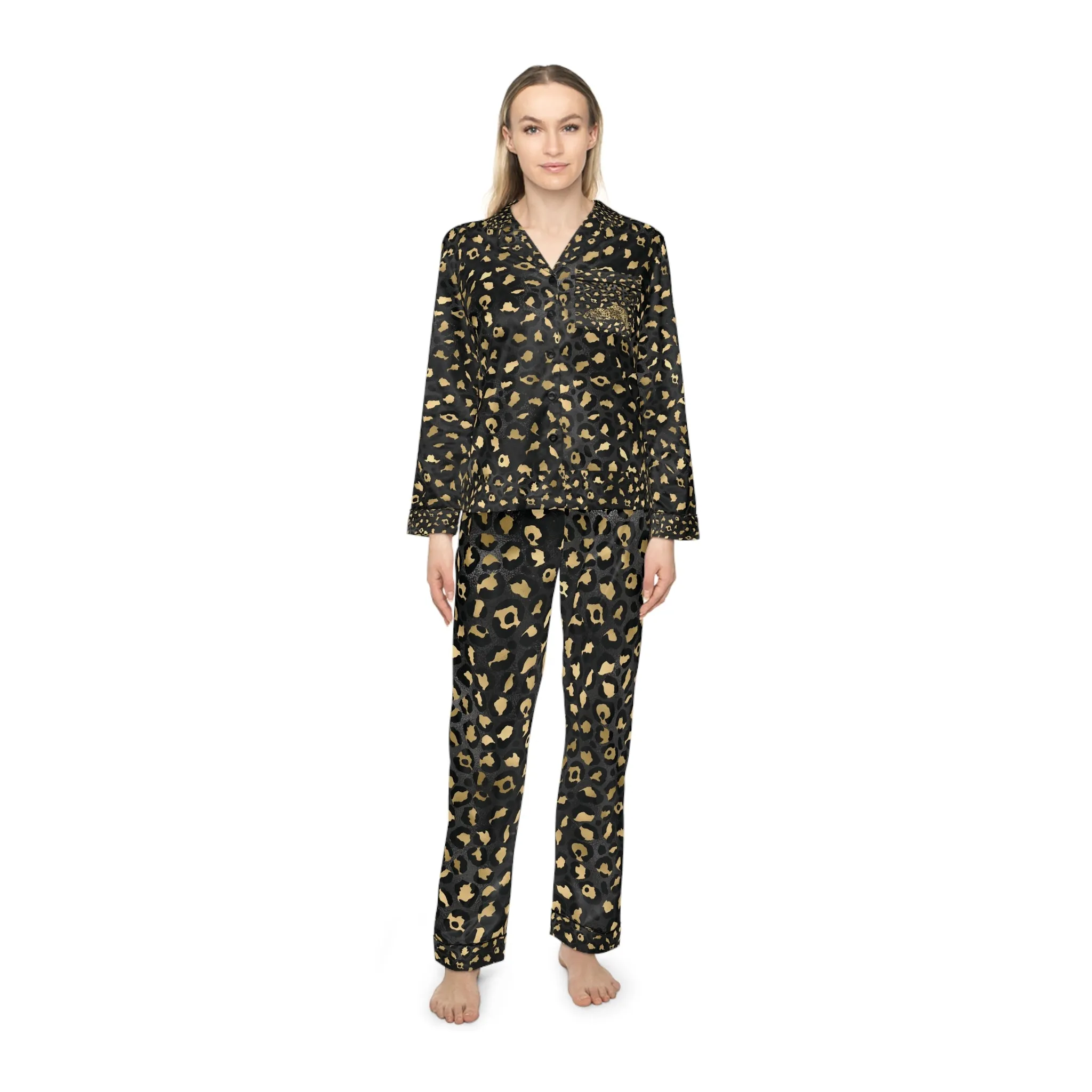 Elegant Women's Satin Pajamas Set - Black and Gold Leopard Print