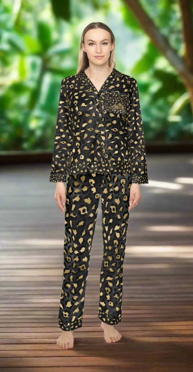 Elegant Women's Satin Pajamas Set - Black and Gold Leopard Print