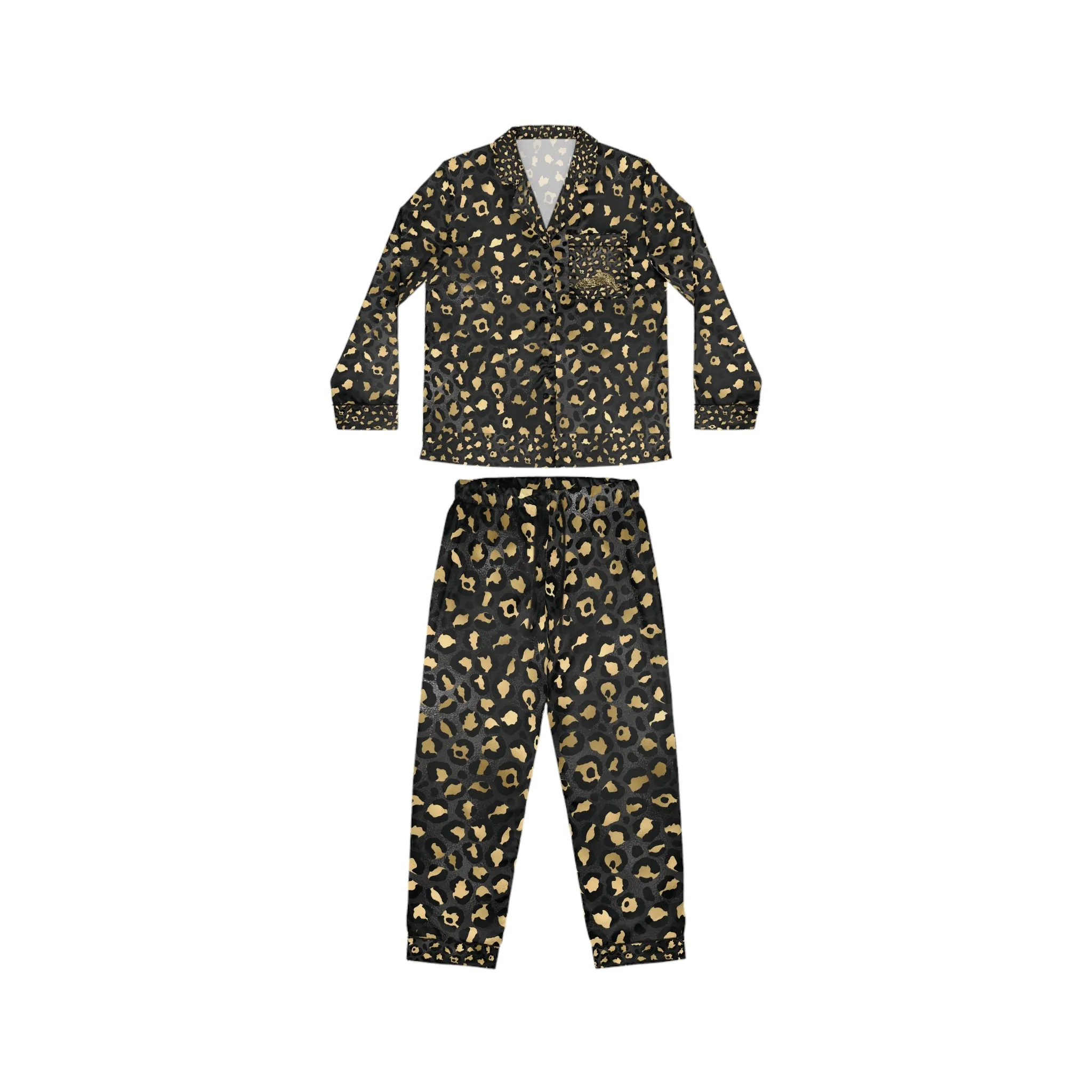 Elegant Women's Satin Pajamas Set - Black and Gold Leopard Print
