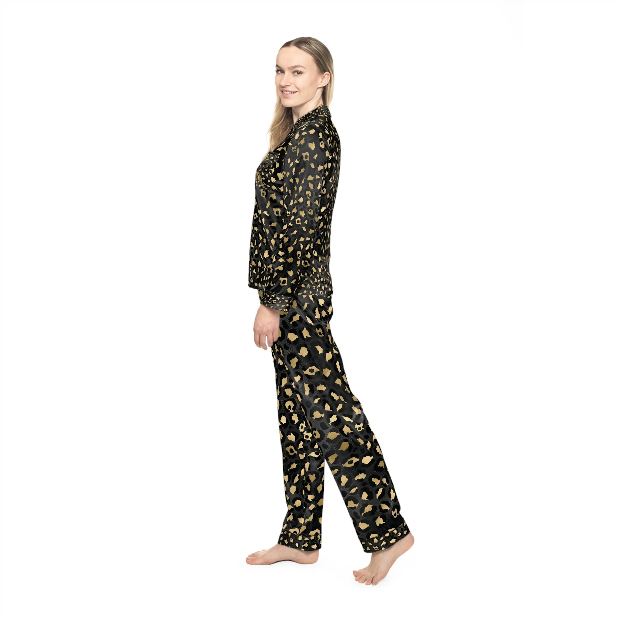 Elegant Women's Satin Pajamas Set - Black and Gold Leopard Print