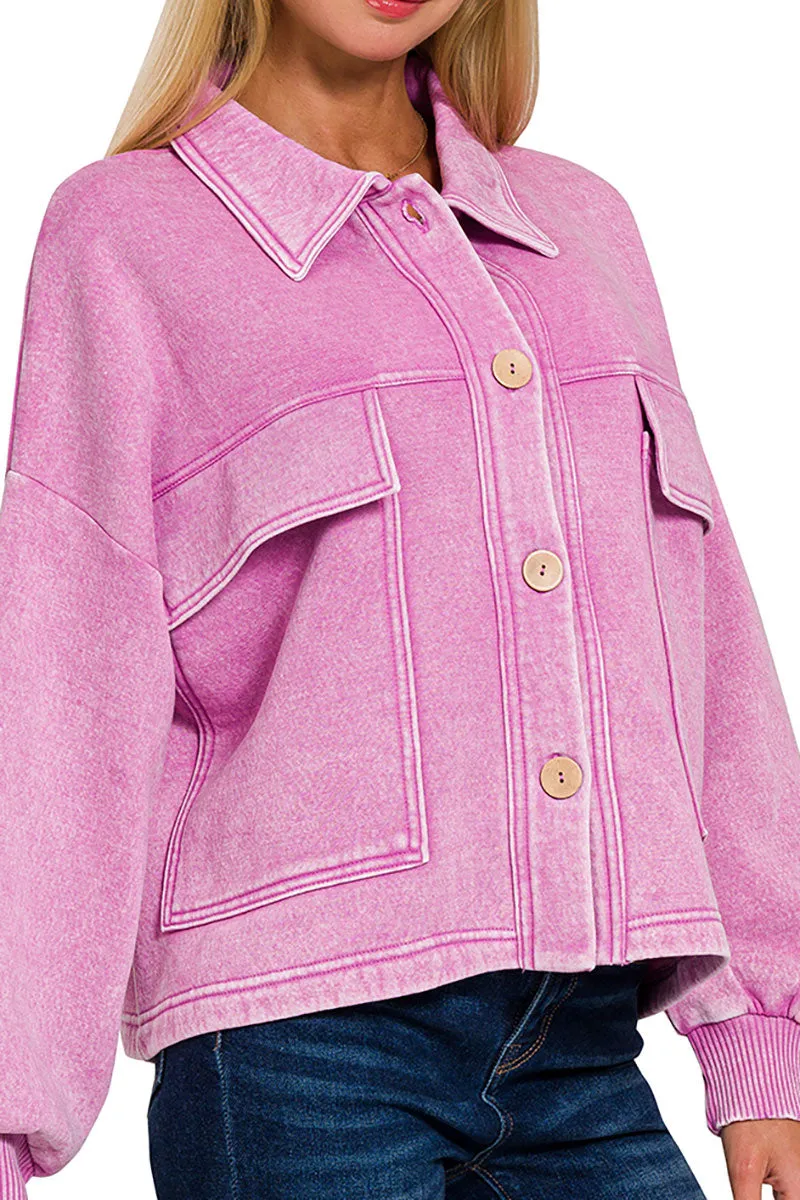 Embrace the Chill Mauve Acid Wash Cropped Shacket