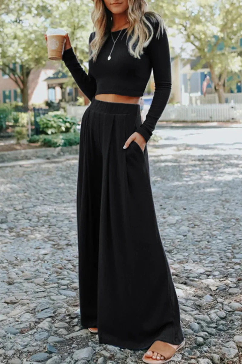 Fashion Solid Patchwork O Neck Long Sleeve Two Pieces