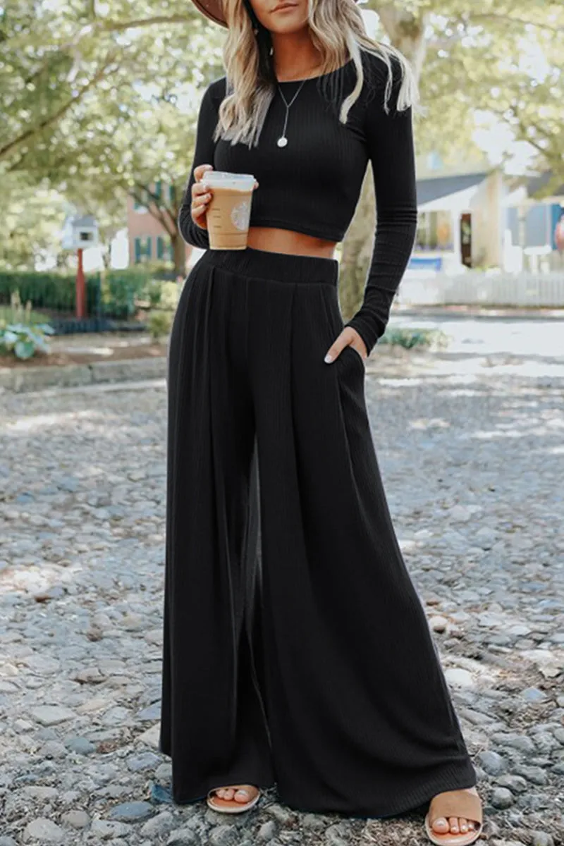 Fashion Solid Patchwork O Neck Long Sleeve Two Pieces