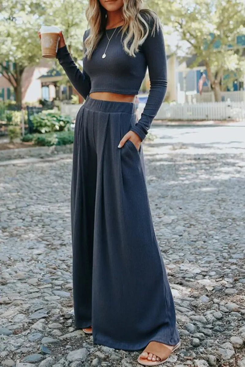 Fashion Solid Patchwork O Neck Long Sleeve Two Pieces