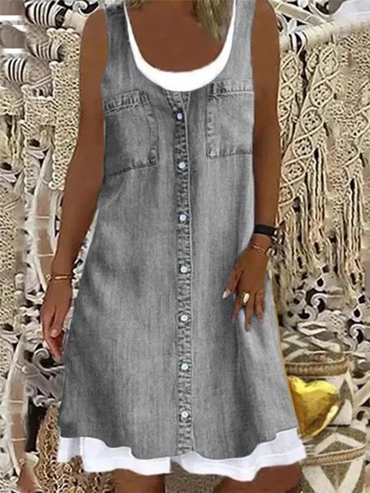 Fashionable Scoop Neck Sleeveless Contrast Trim Flared Style Knee-Length Dress