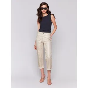 Foiled Straight Leg Pants with Cuffed Hem