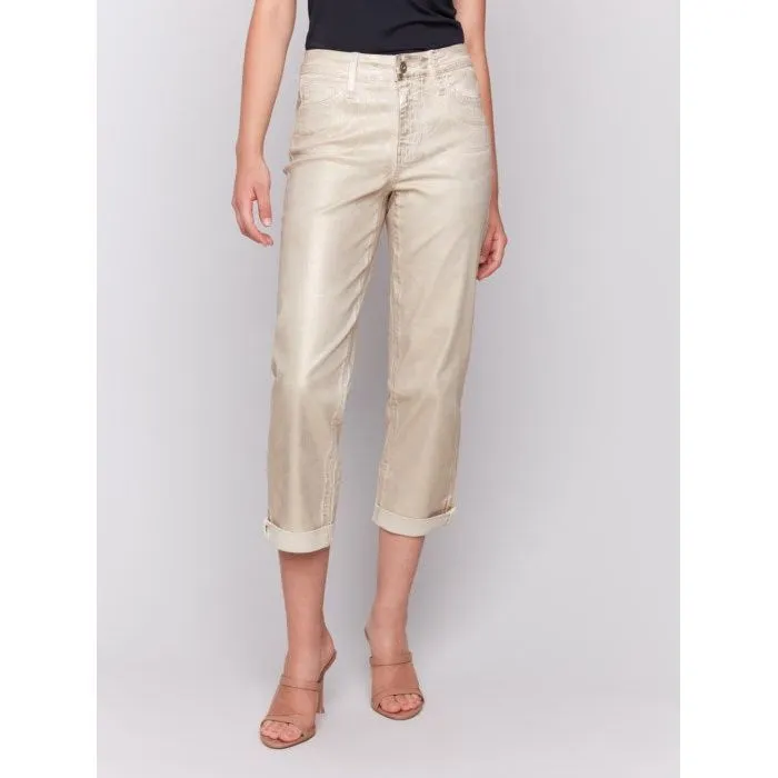 Foiled Straight Leg Pants with Cuffed Hem