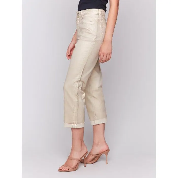 Foiled Straight Leg Pants with Cuffed Hem