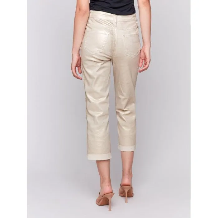Foiled Straight Leg Pants with Cuffed Hem