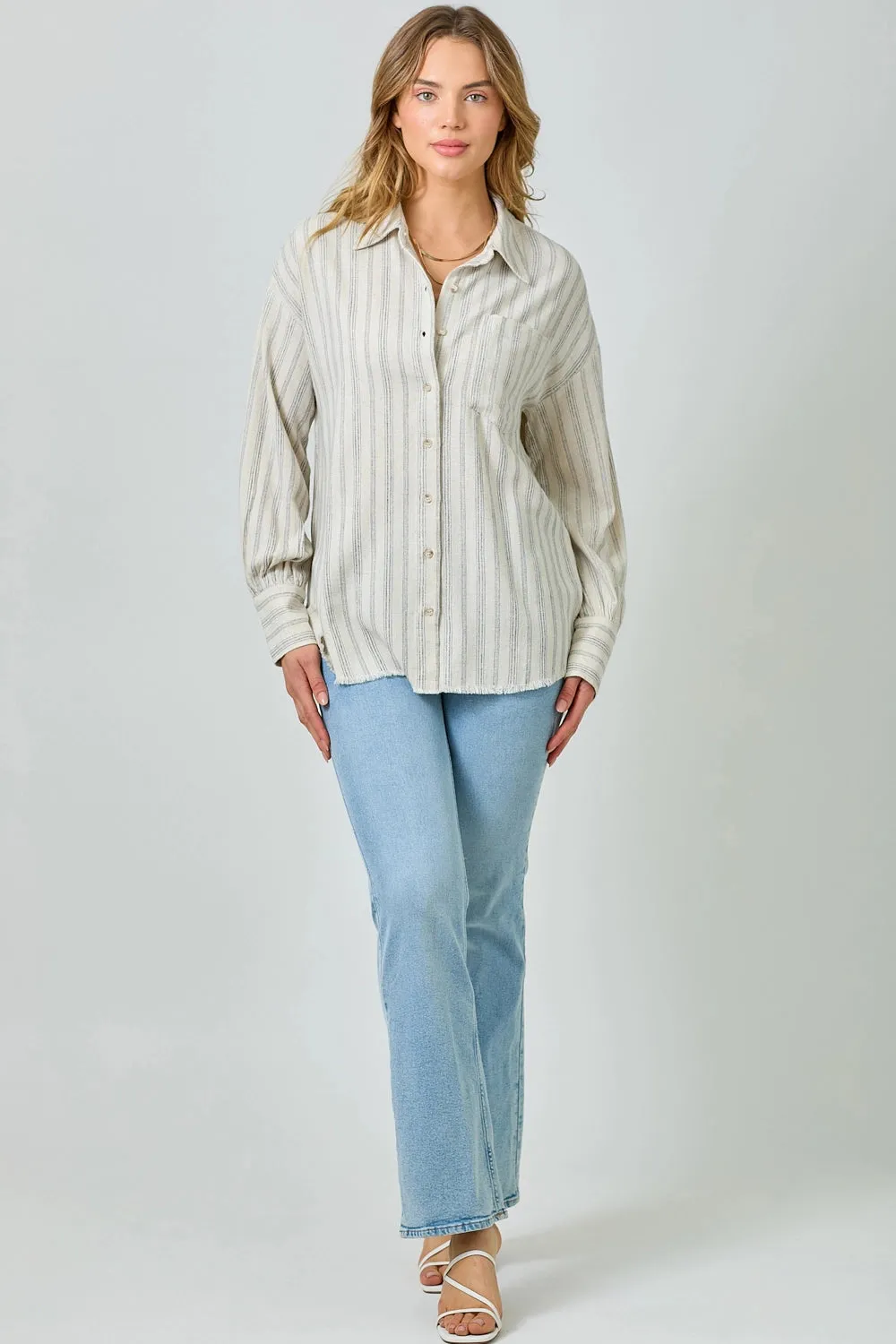 Frayed Fringe Edge Oversized Button Up Shirt