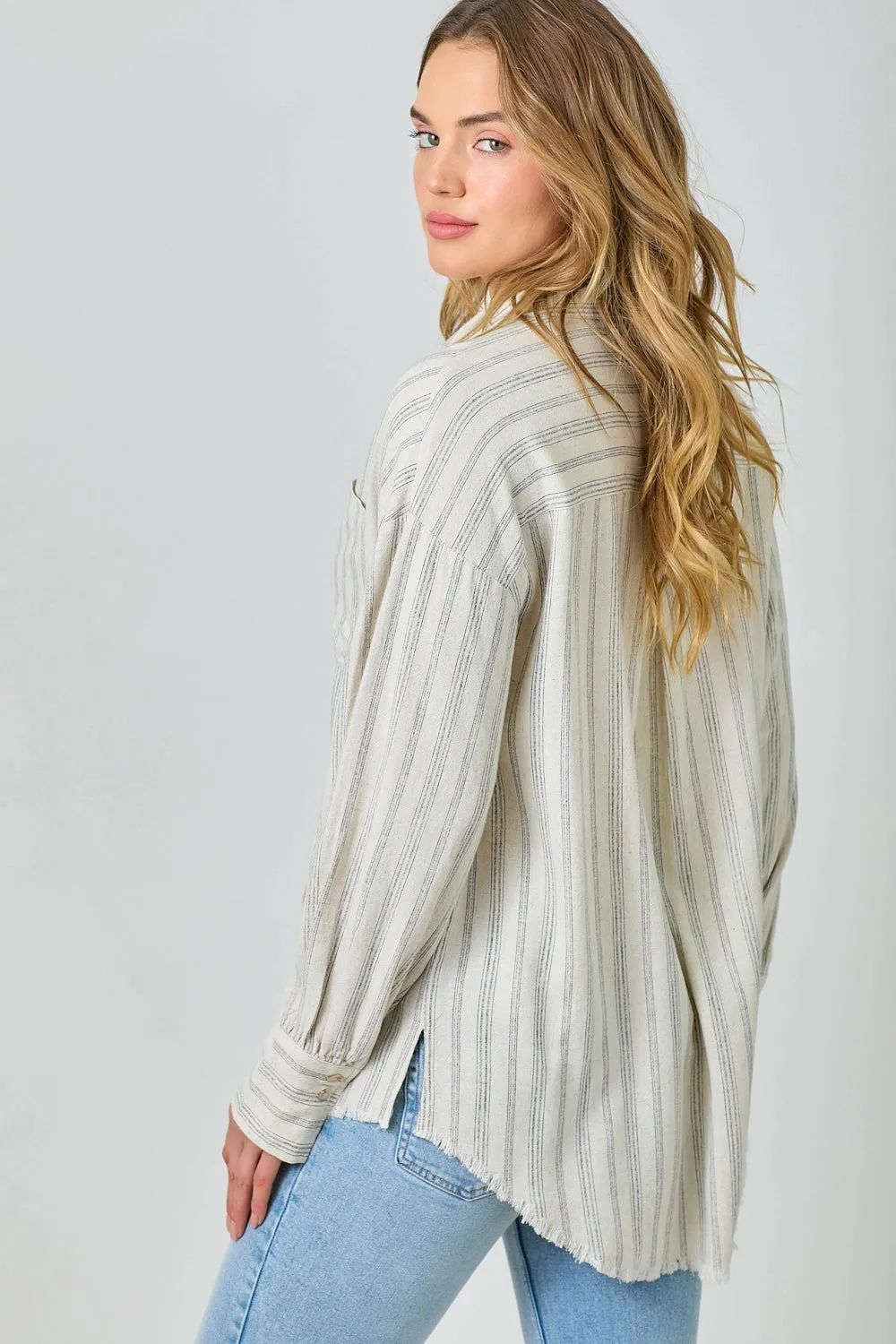 Frayed Fringe Edge Oversized Button Up Shirt