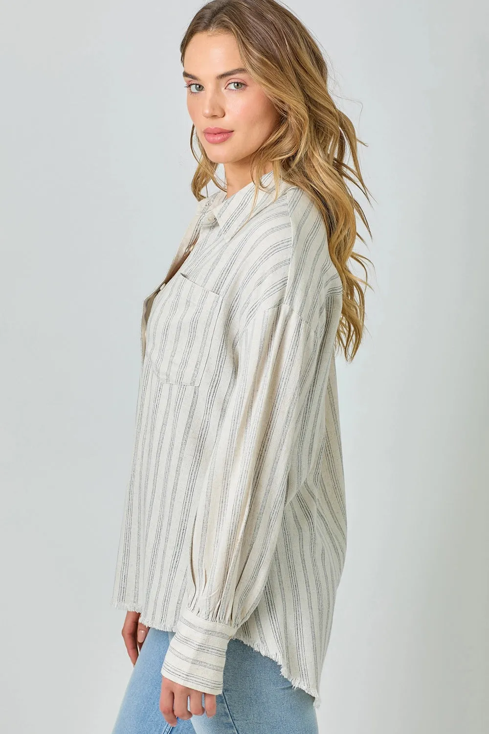 Frayed Fringe Edge Oversized Button Up Shirt