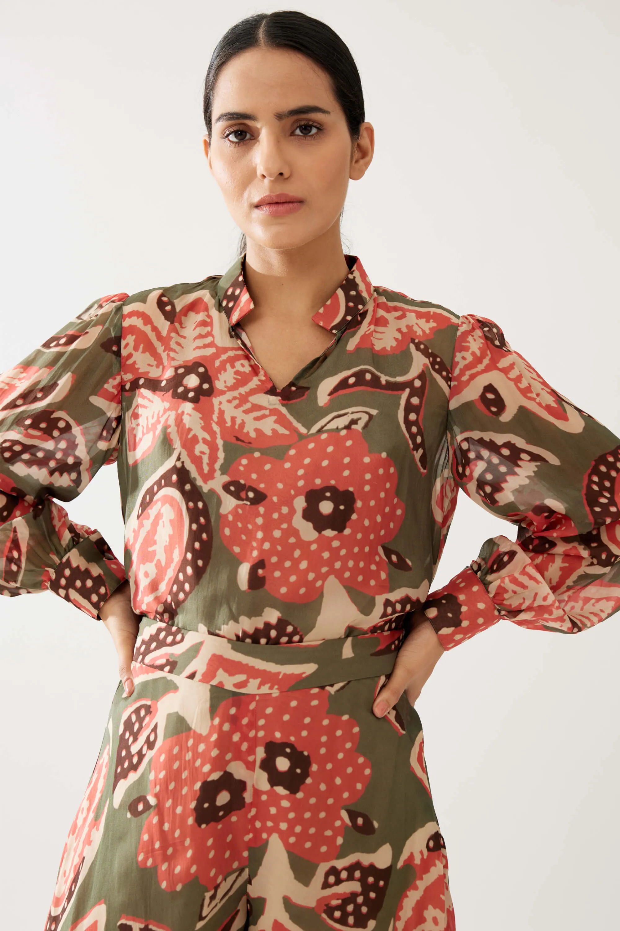 Green beige and pink floral top and pants