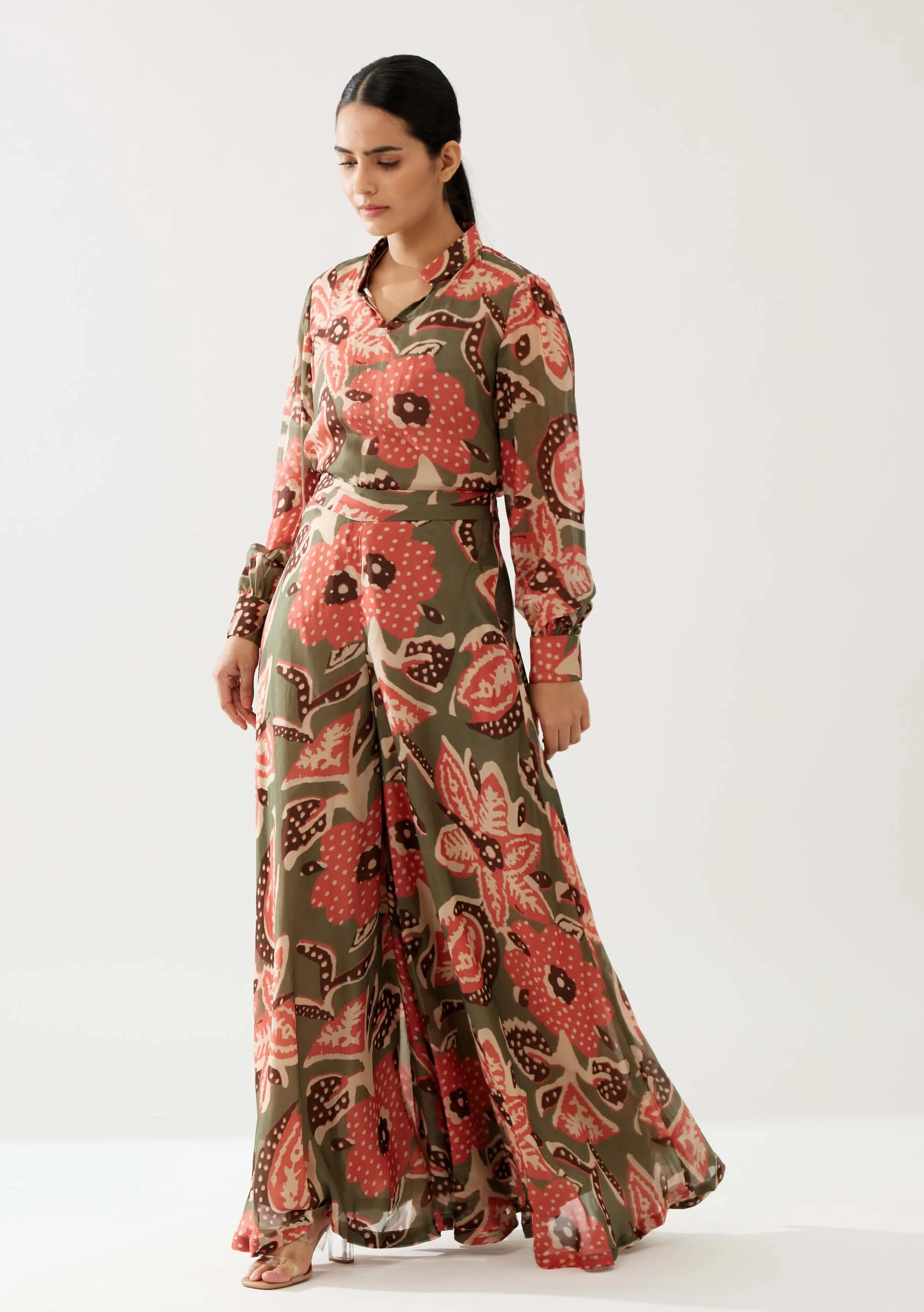 Green beige and pink floral top and pants