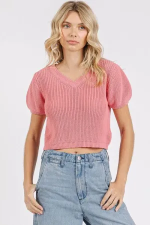 Hazel Blues® |  Mittoshop V-Neck Short Sleeve Crop Sweater