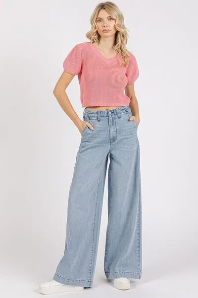 Hazel Blues® |  Mittoshop V-Neck Short Sleeve Crop Sweater
