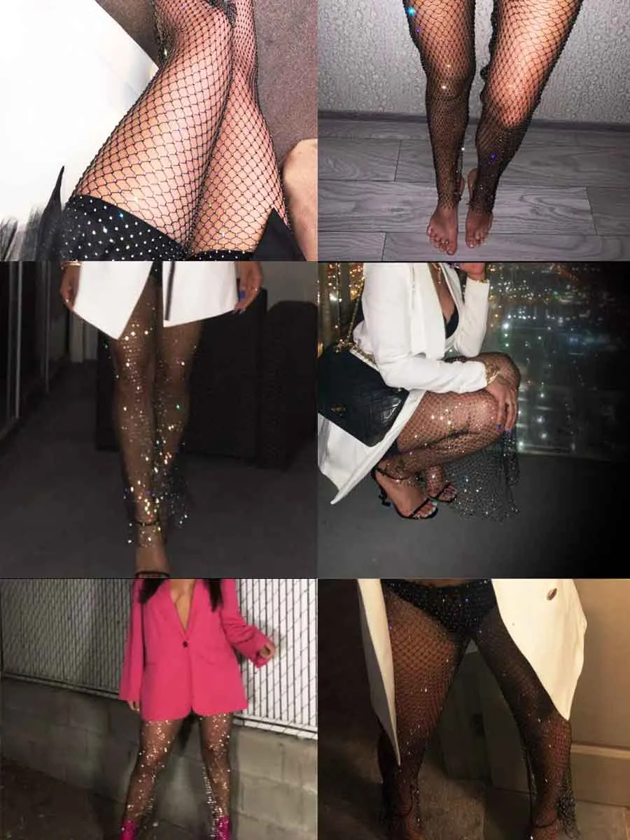 High-Waisted Sheer Crystal Rhinestone Fishnet Pants