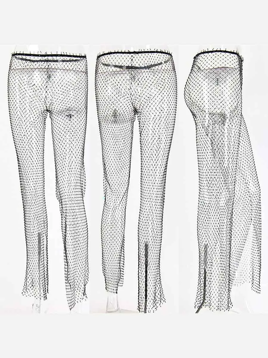 High-Waisted Sheer Crystal Rhinestone Fishnet Pants