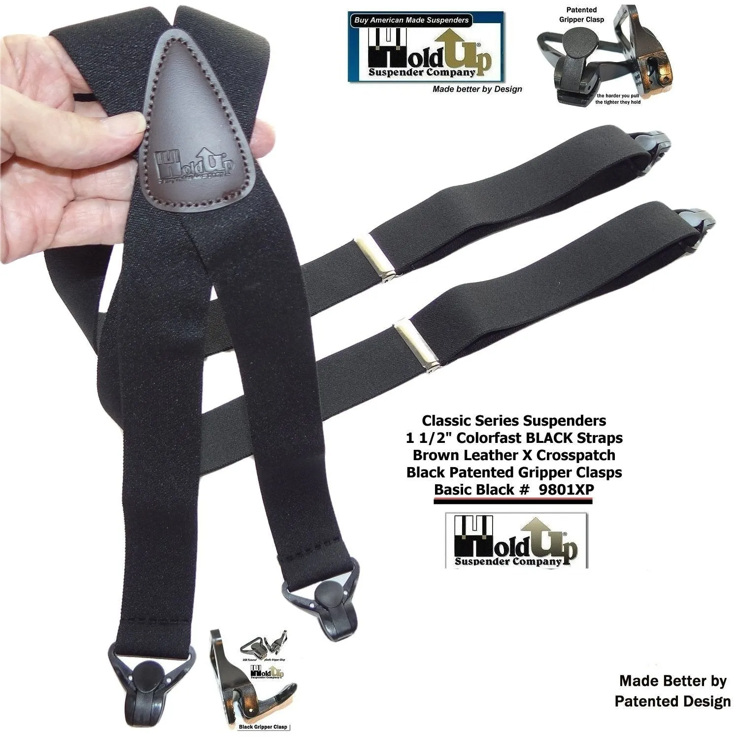 Holdup Brand Classic Series Basic Black X-back Suspenders With Black Gripper Clasps