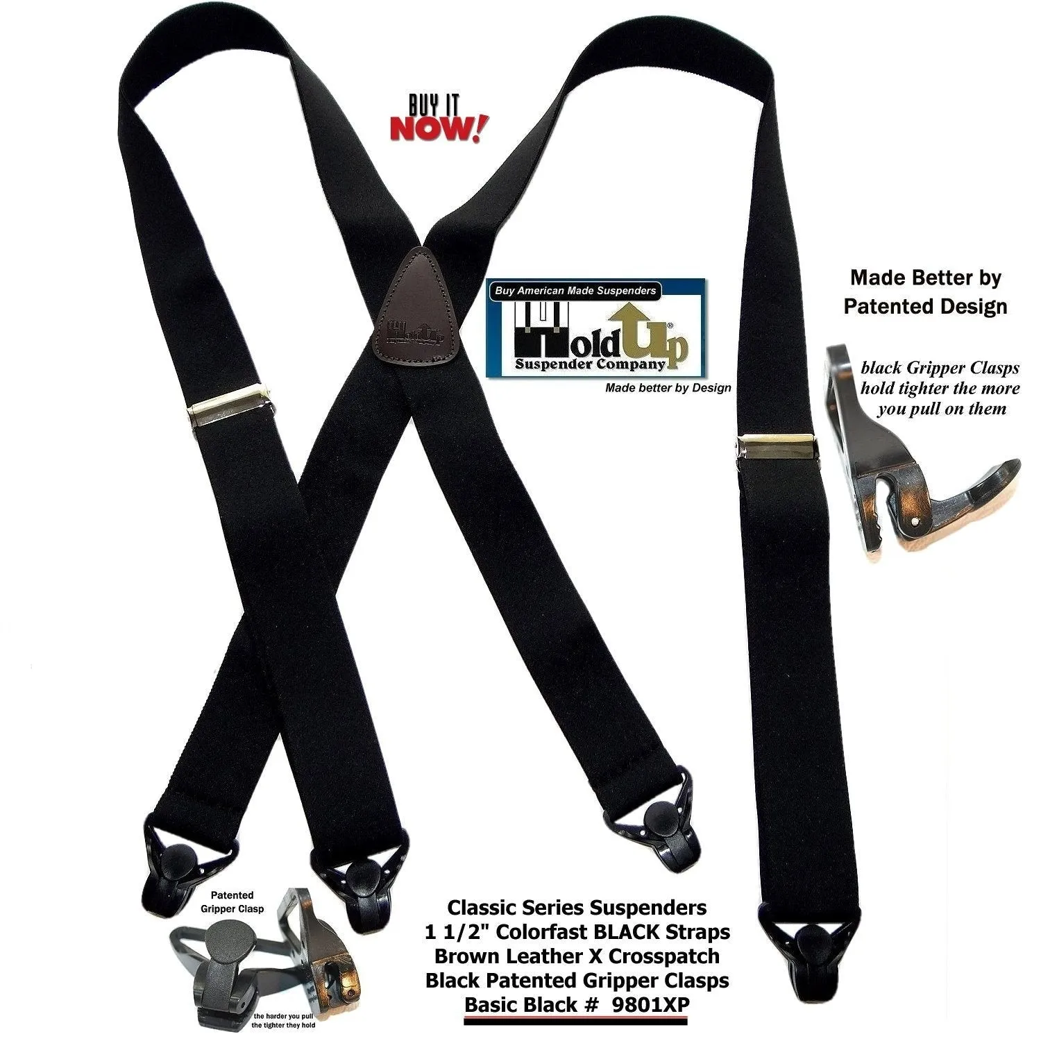 Holdup Brand Classic Series Basic Black X-back Suspenders With Black Gripper Clasps