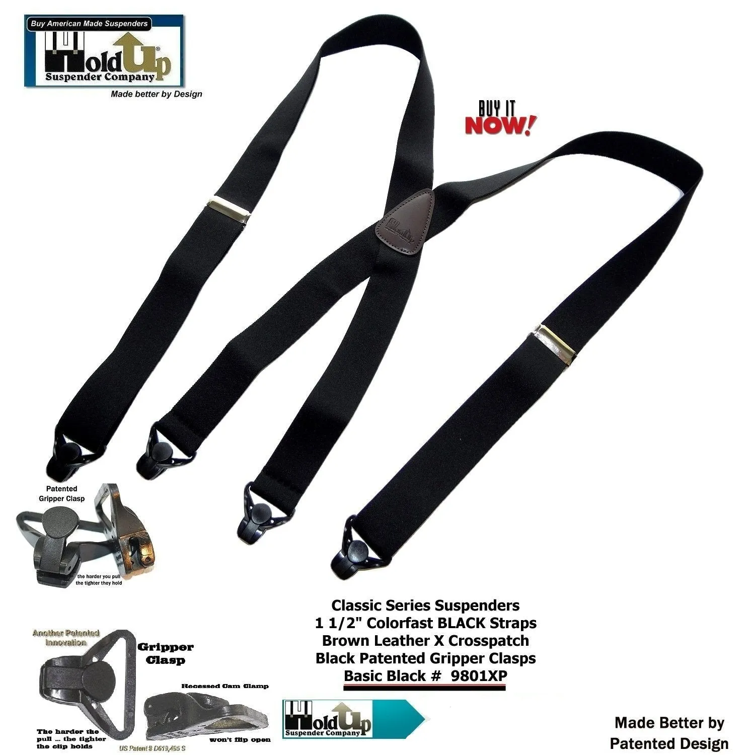 Holdup Brand Classic Series Basic Black X-back Suspenders With Black Gripper Clasps