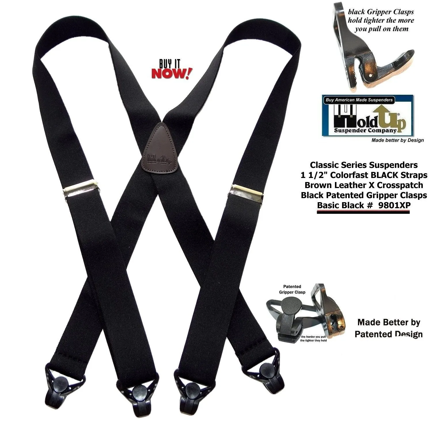 Holdup Brand Classic Series Basic Black X-back Suspenders With Black Gripper Clasps