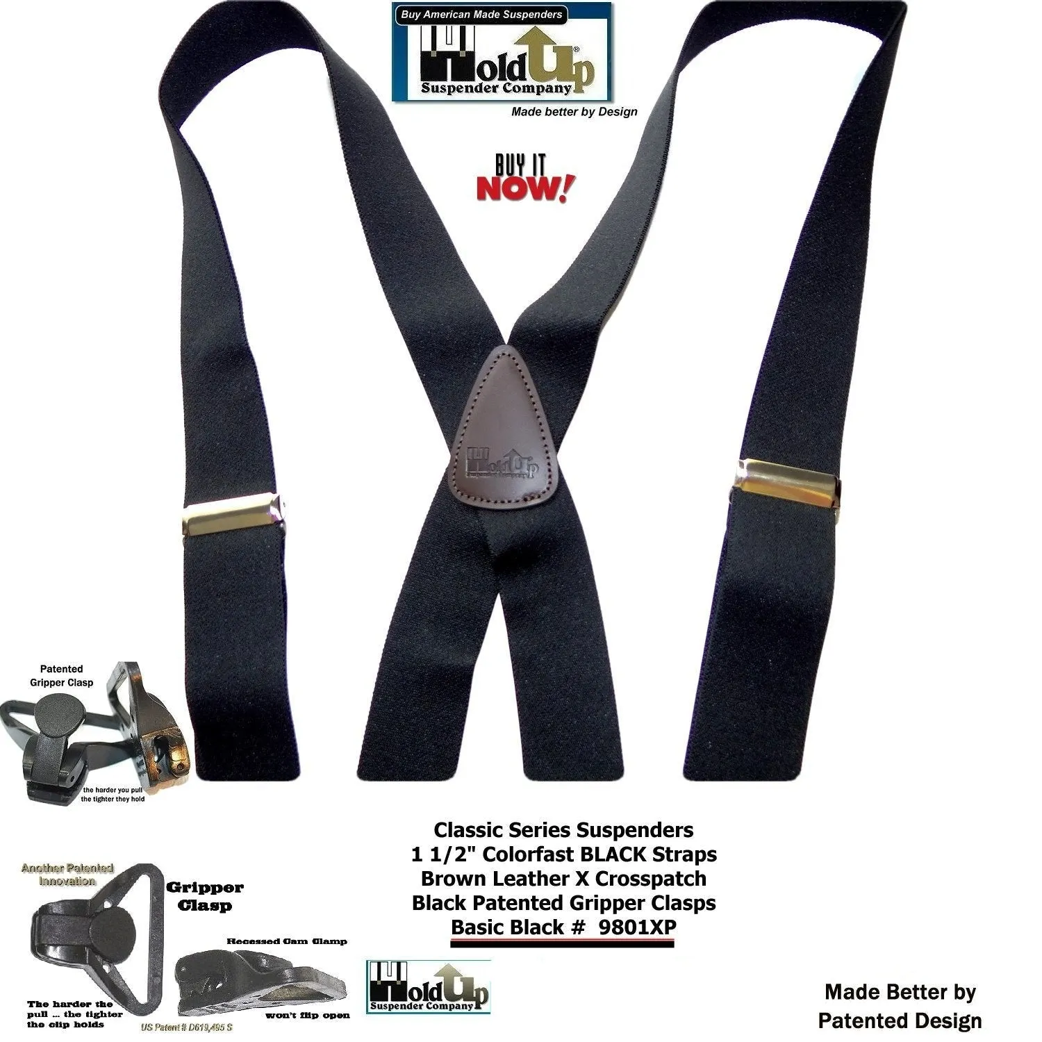 Holdup Brand Classic Series Basic Black X-back Suspenders With Black Gripper Clasps