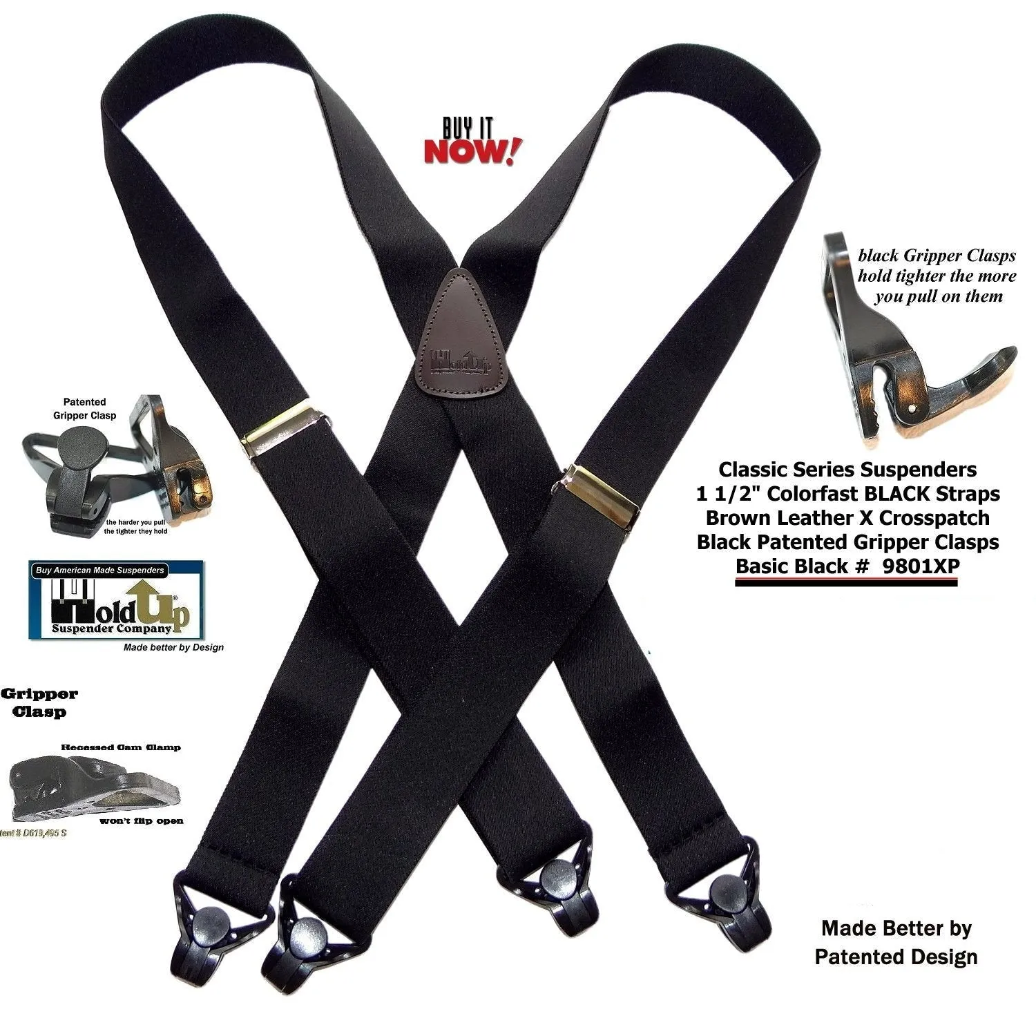 Holdup Brand Classic Series Basic Black X-back Suspenders With Black Gripper Clasps