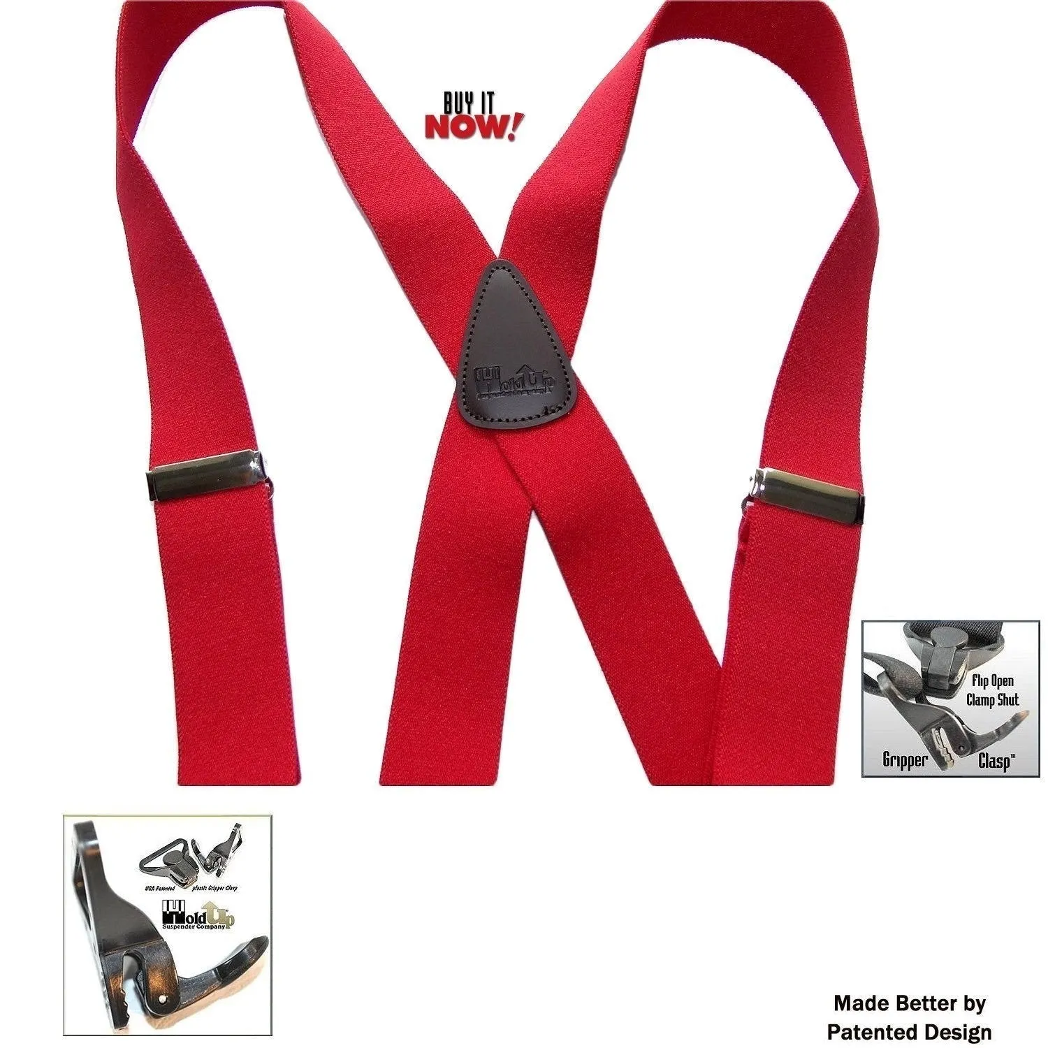 Holdup Brand Classic Series Bright Red X-back Suspenders with Black Patented Gripper Clasps