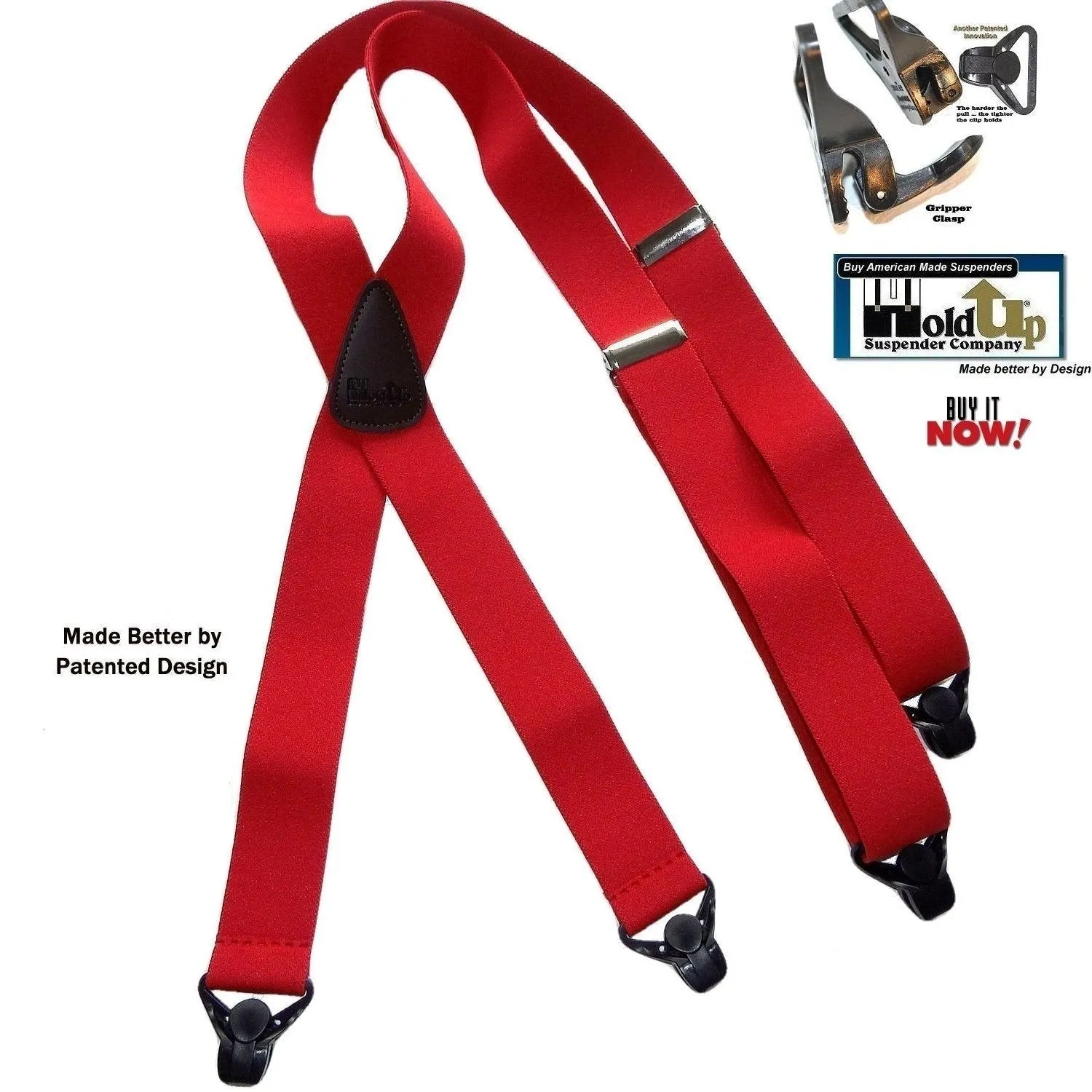 Holdup Brand Classic Series Bright Red X-back Suspenders with Black Patented Gripper Clasps