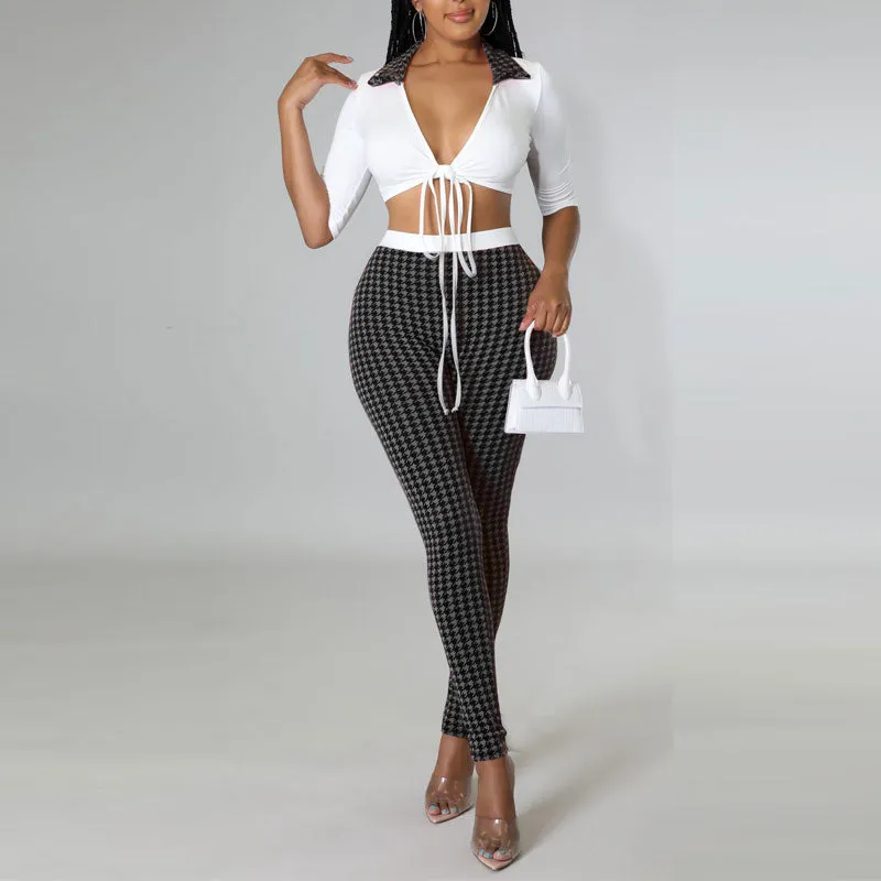 Houndstooth Print Tied Crop Top & Pants Set