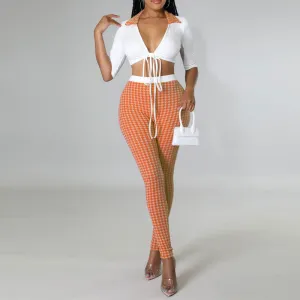 Houndstooth Print Tied Crop Top & Pants Set