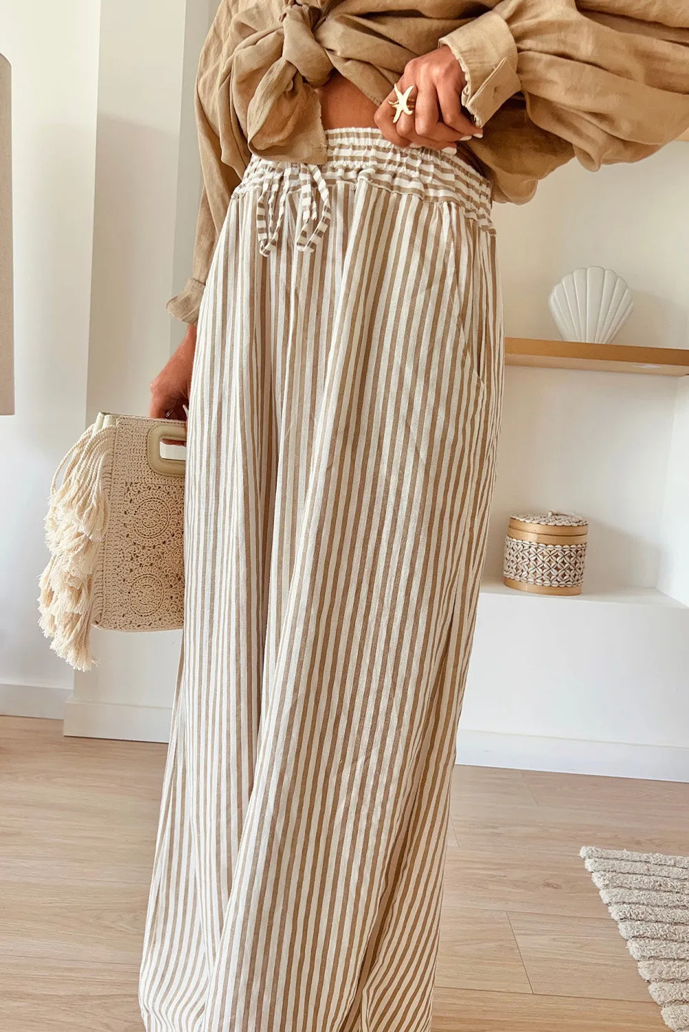 Khaki Stripe Loose Drawstring Pants
