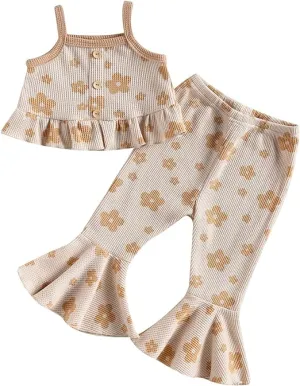 Kid Girls Spring Summer Outfits Ruffle Hem Halter Top   Floral Flare Pant Set