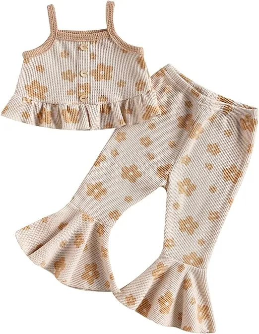 Kid Girls Spring Summer Outfits Ruffle Hem Halter Top   Floral Flare Pant Set