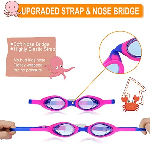 Kids Swim Goggles Swimming Goggles for Boys Girls Kid Age 3-12 Child Colorful Swim Goggles Clear Vision Anti Fog UV Protection No Leak Soft Silicone Nose Bridge Protection Case Kids' Skoogles