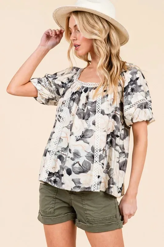 Lime 'N' Chili Floral Print Lace Trim Puff Sleeve Blouse