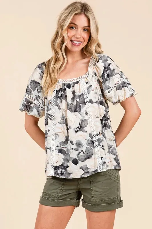 Lime 'N' Chili Floral Print Lace Trim Puff Sleeve Blouse