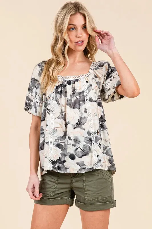 Lime 'N' Chili Floral Print Lace Trim Puff Sleeve Blouse