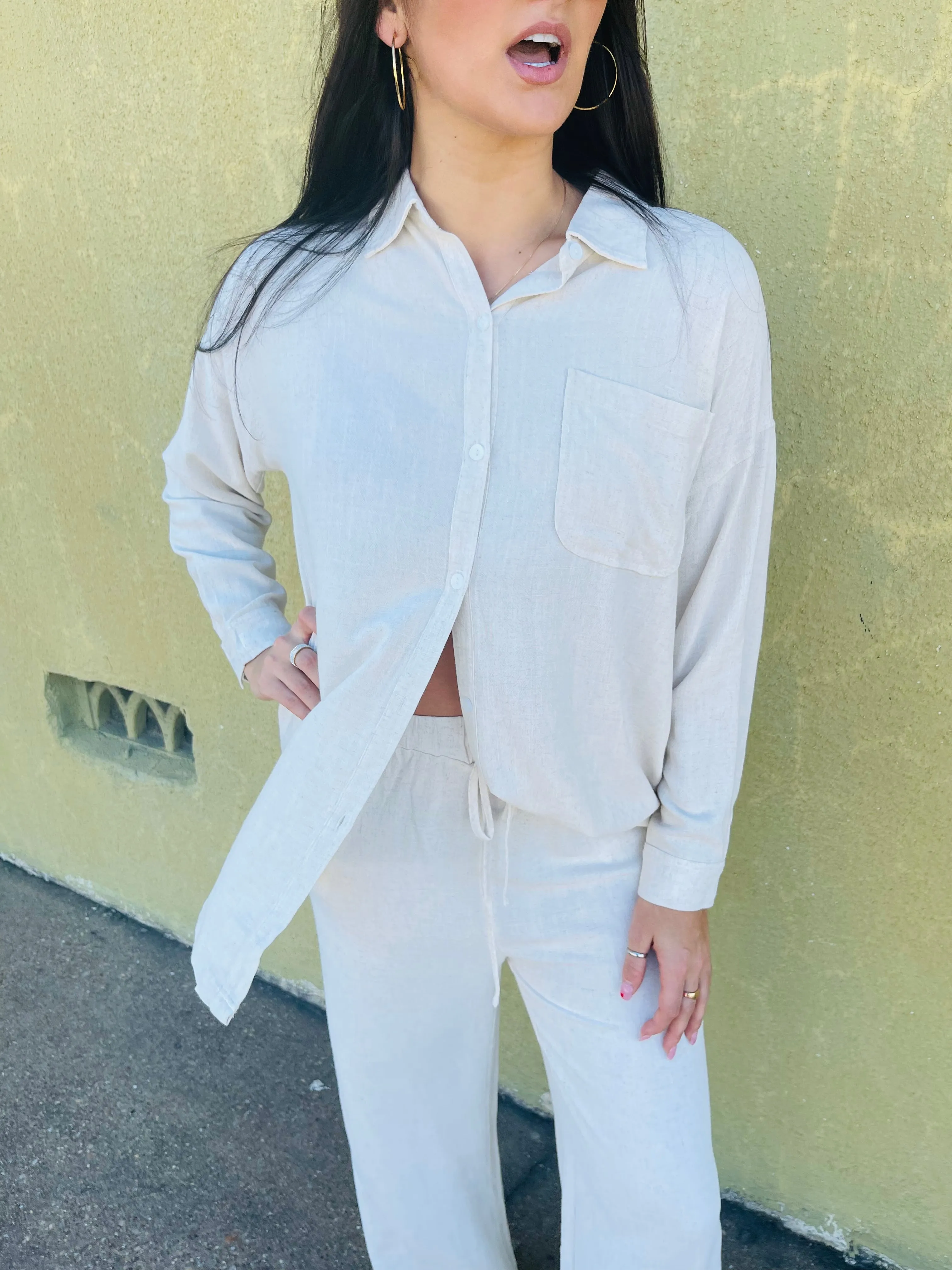 Linen Blend Oversize Button Up