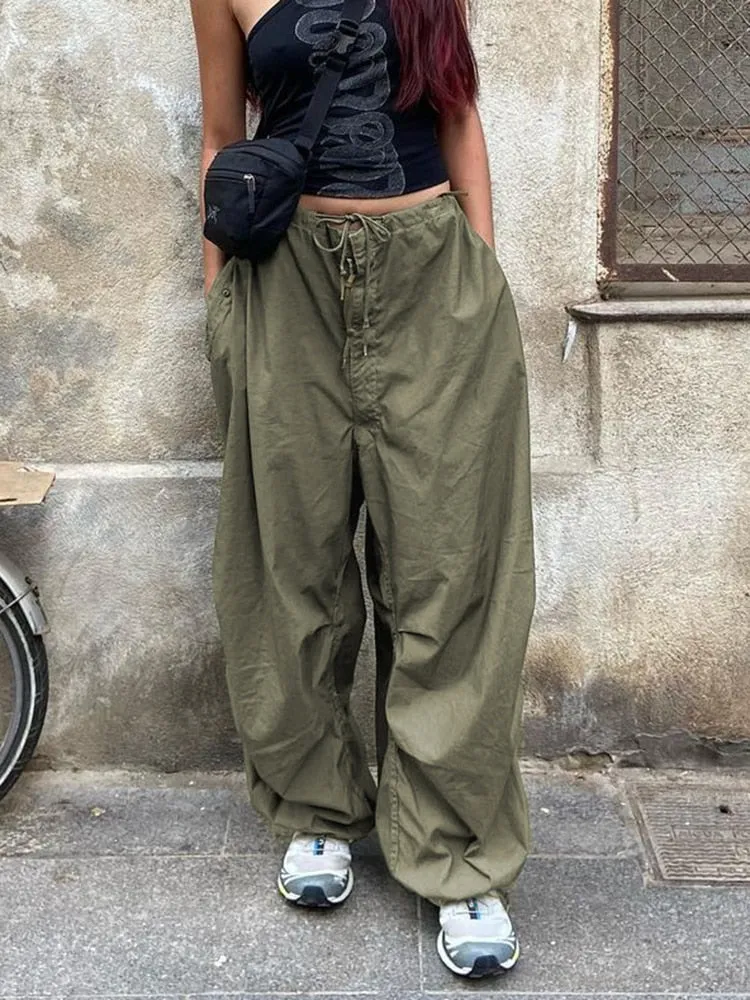 Loose Drawstring Low Waist Parachute Pants for Women Trousers Cargo Pants Loose Wide leg
