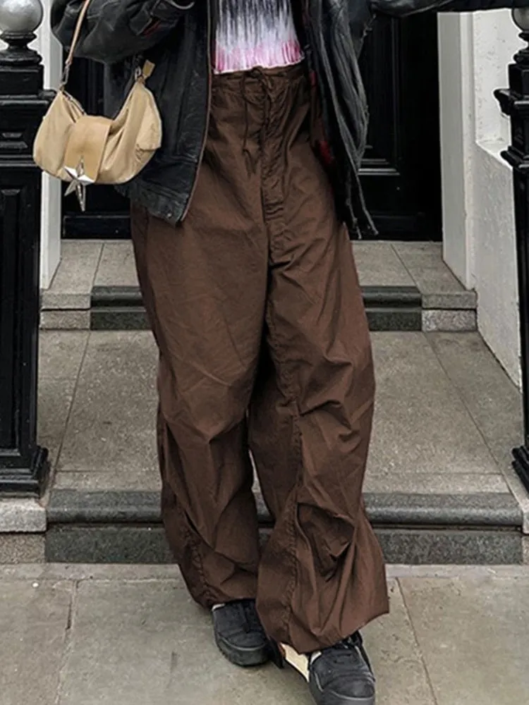 Loose Drawstring Low Waist Parachute Pants for Women Trousers Cargo Pants Loose Wide leg