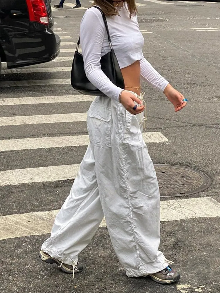 Loose Drawstring Low Waist Parachute Pants for Women Trousers Cargo Pants Loose Wide leg