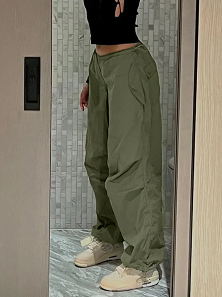 Loose Drawstring Low Waist Parachute Pants for Women Trousers Cargo Pants Loose Wide leg