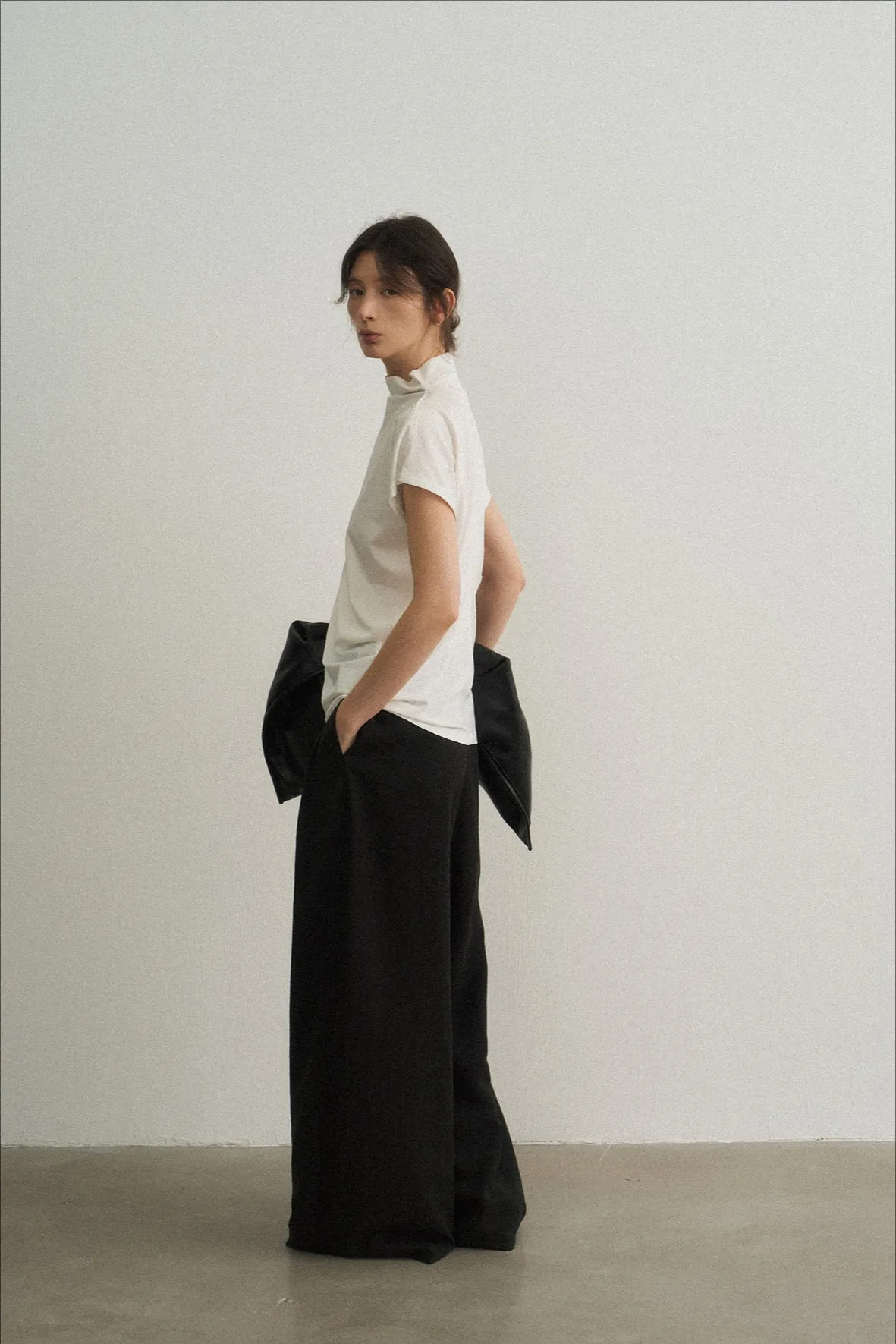 Lyocell blend brushed textured wide leg pants